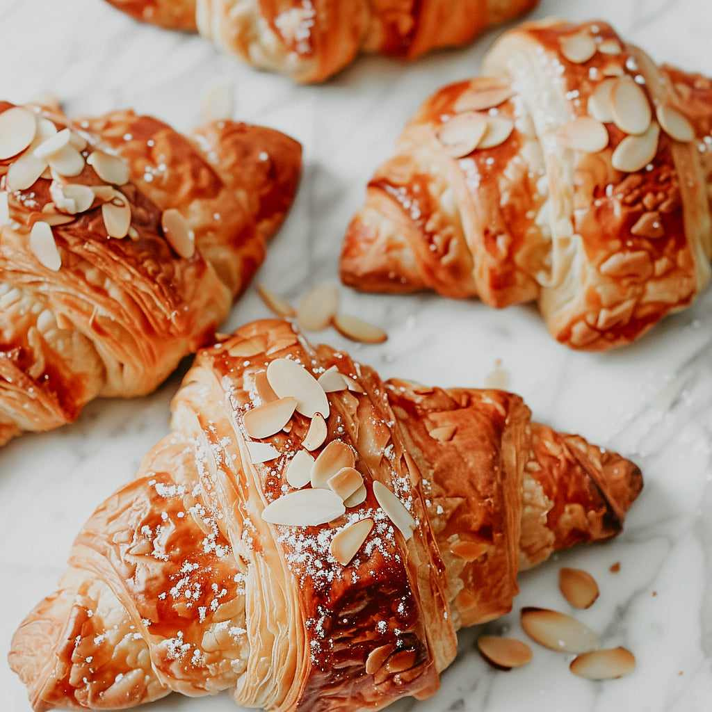 A photo of delicious almond croissants with sliced almonds and powdered sugar on top, indicating a fragrance oil inspired by the dessert.