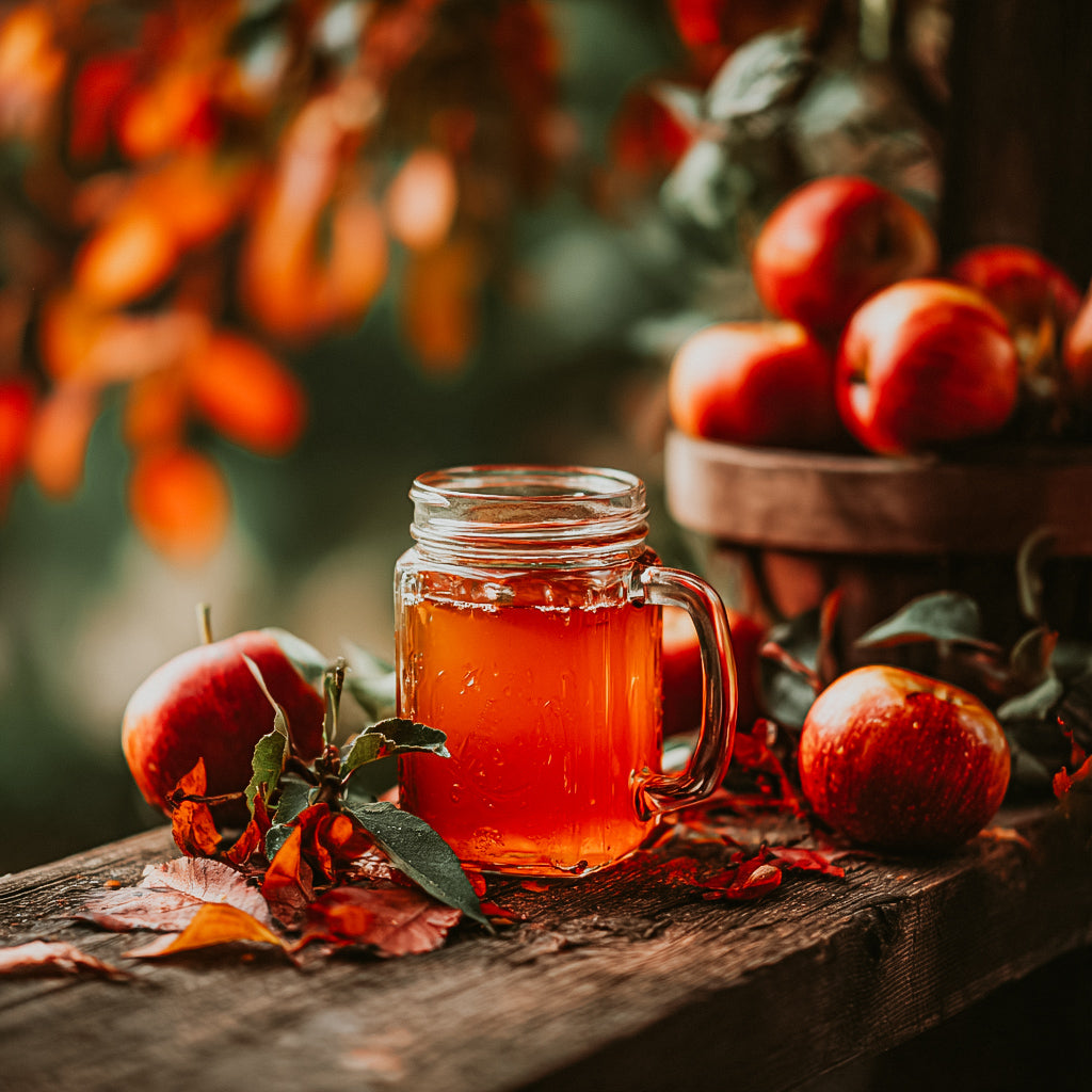 Jar of apple cider on a wooden surface with apples and leaves in the background
