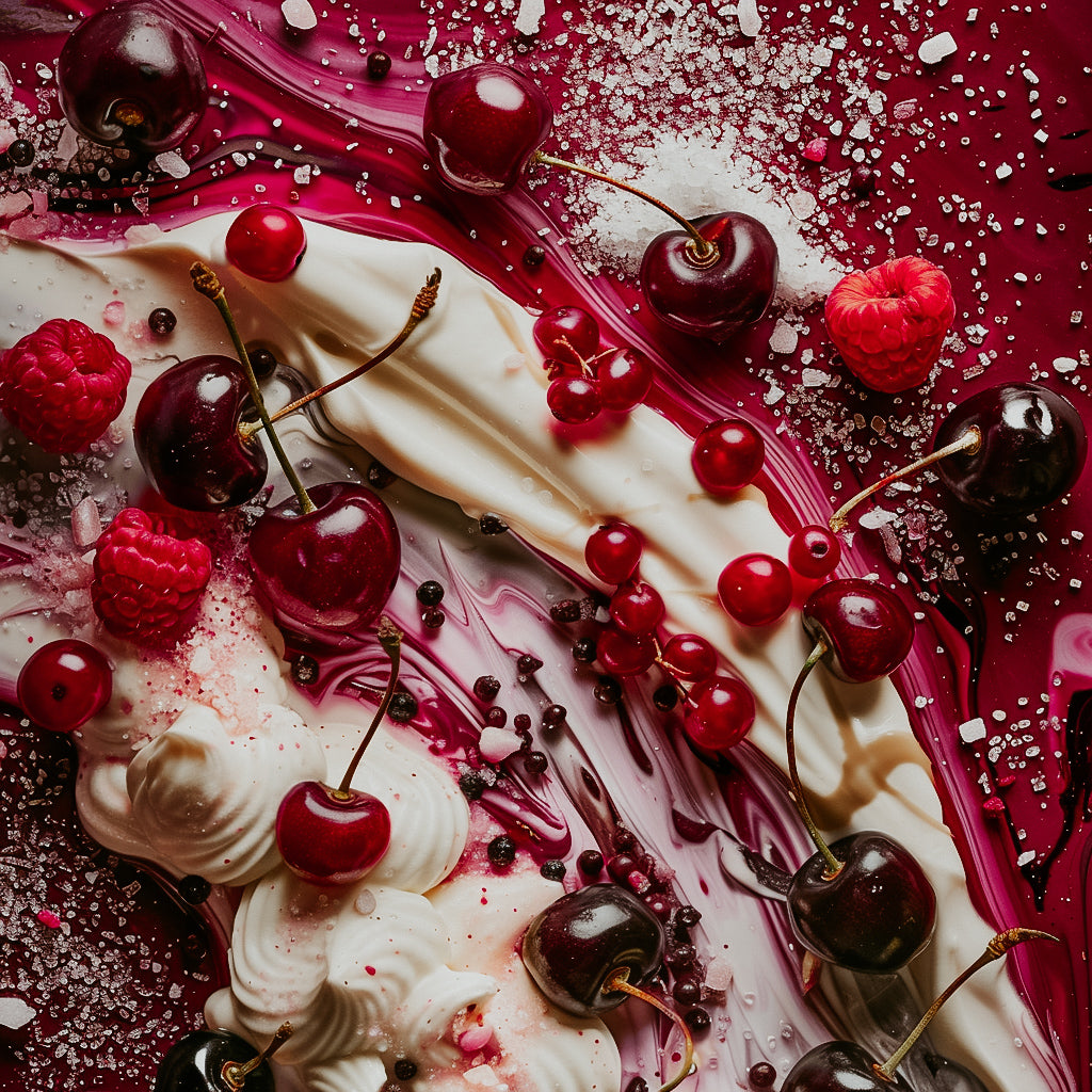 A close-up image of a dessert featuring whipped cream and an assortment of berries, including cherries and raspberries, garnished with a sprinkle of pink sugar.