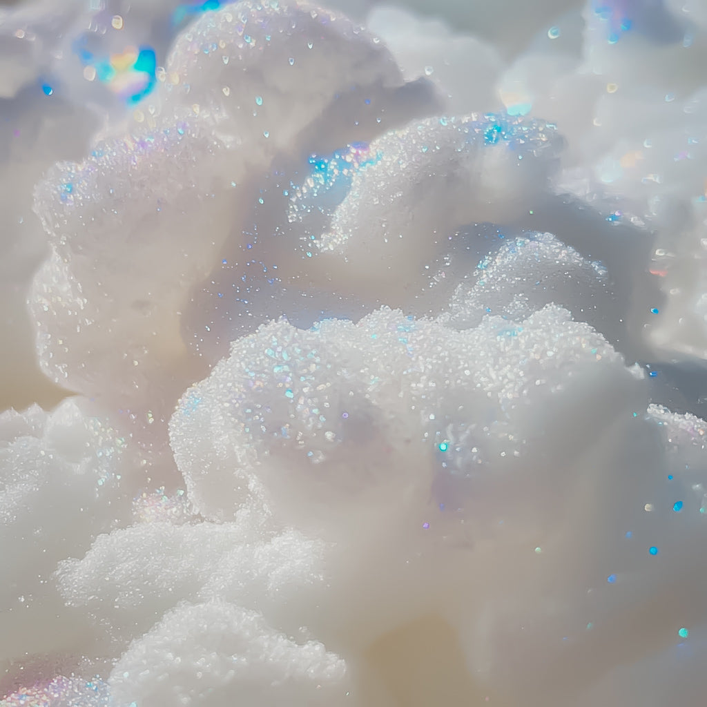 A close-up of sparkly white foam with blue and pink glitter, representing the product Cotton Sugar Fragrance Oil.