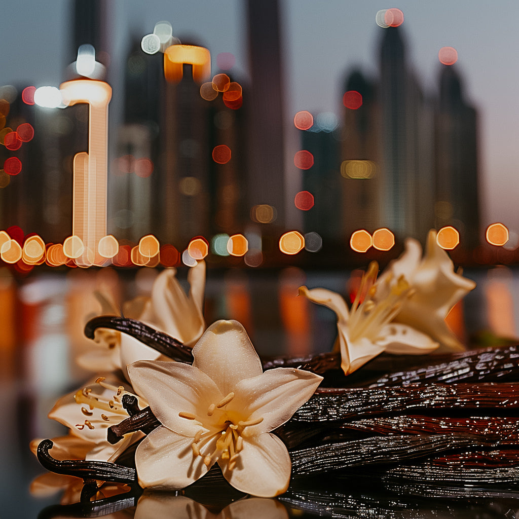 A photo of vanilla orchid flowers in the foreground and a city skyline with bokeh lights in the background.