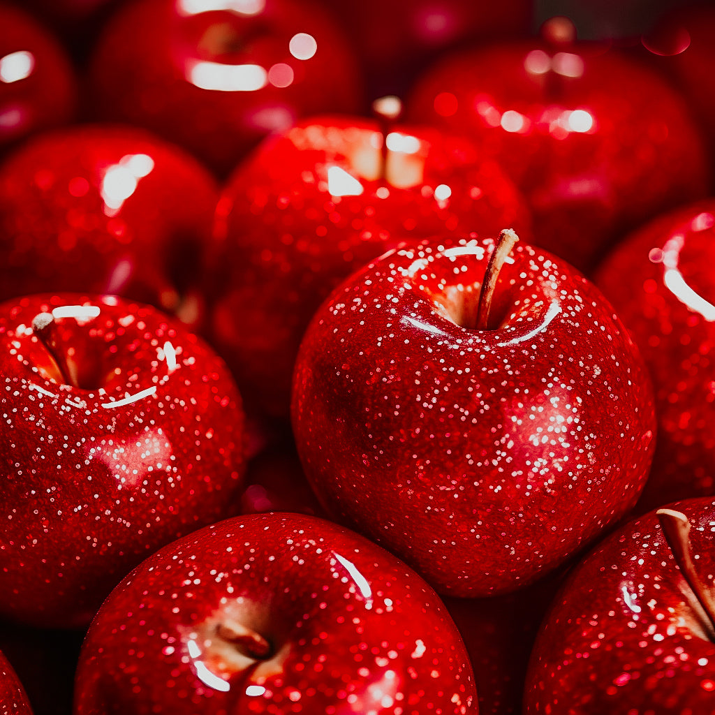 A close-up image of shiny, red apples with a blurred background.