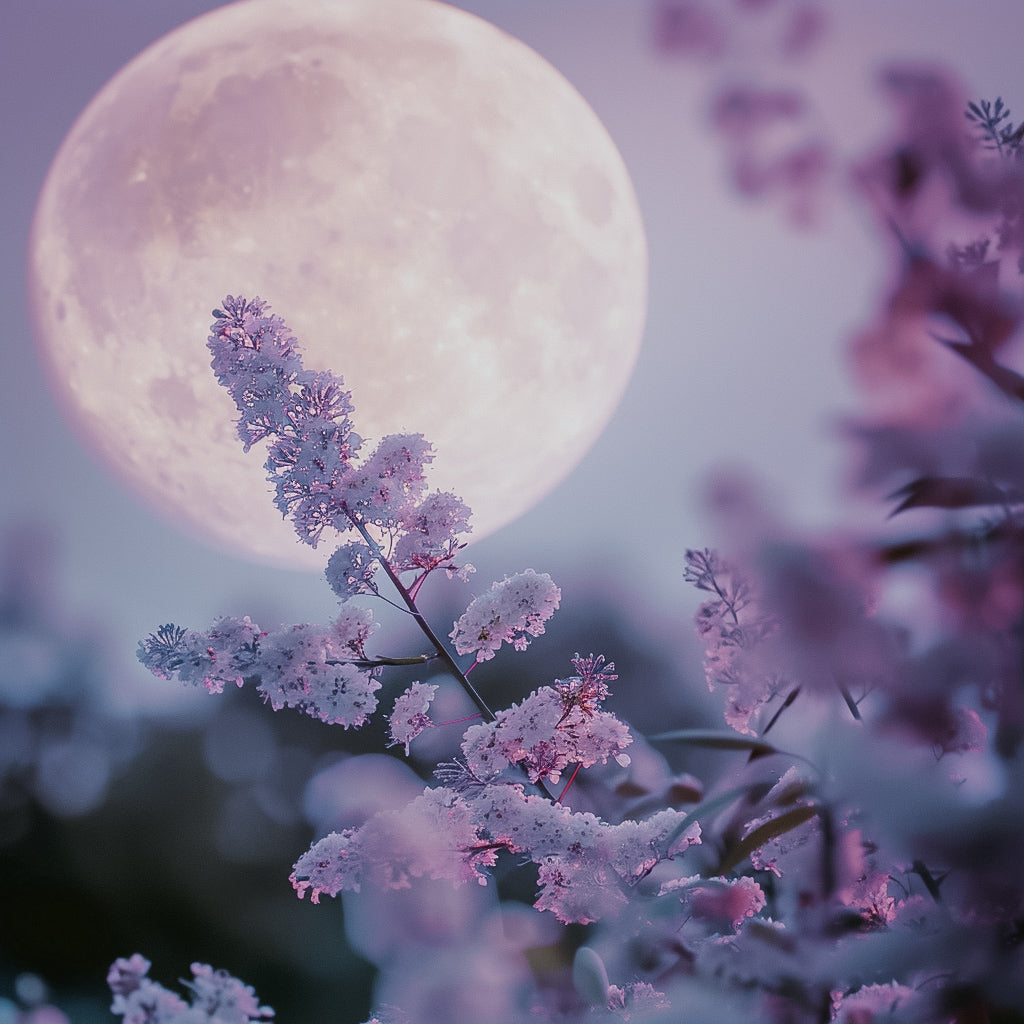 A romantic outdoor scene with a full moon shining brightly in the sky, complemented by the soft pink blooms of cherry blossoms.