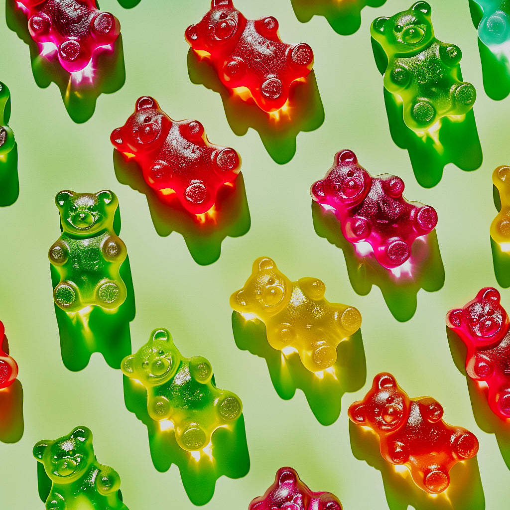 An array of colorful gummy bear candies displayed in a pattern on a green background.