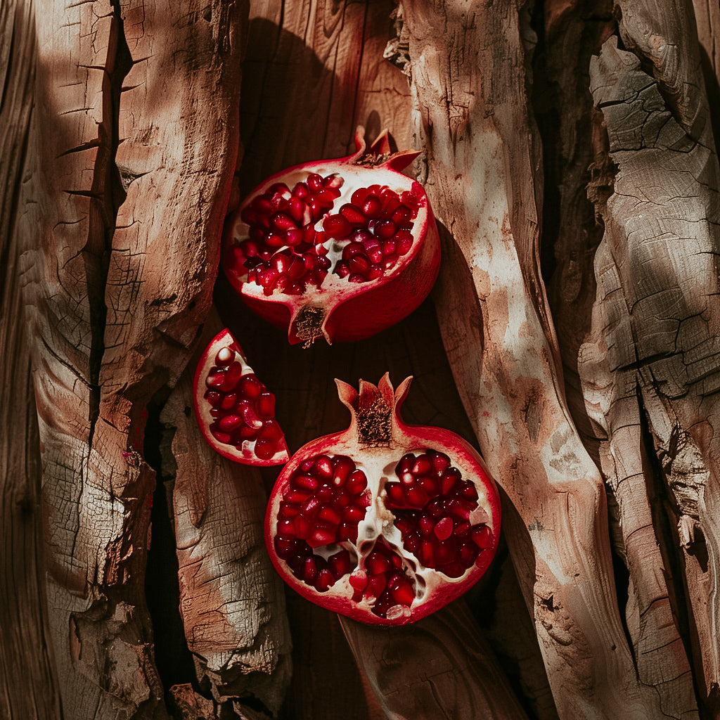 A photo featuring a halved pomegranate with red seeds visible, placed on a wooden surface.