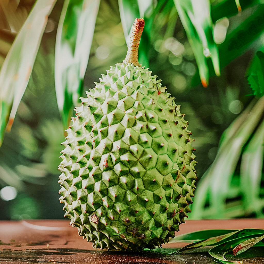 A fresh soursop fruit with a rough, green spiky exterior, placed on a wooden surface with green leafy background.