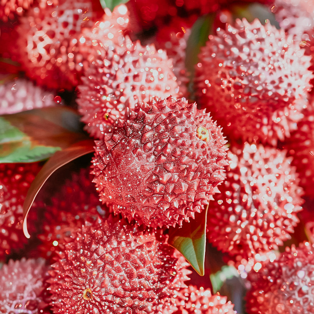 A close-up image of vibrant red lychees with a focus on their spiky outer skin.