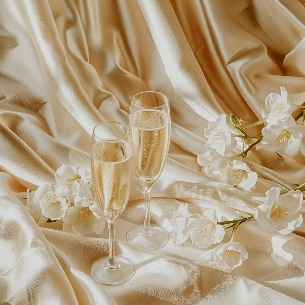 Two glasses of champagne filled with a golden liquid, placed on a silky beige fabric surrounded by white freesia flowers.