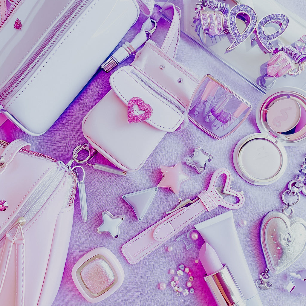 A collection of pastel-colored accessories including a wallet, phone case, perfume bottle, and jewelry laid out on a purple background.