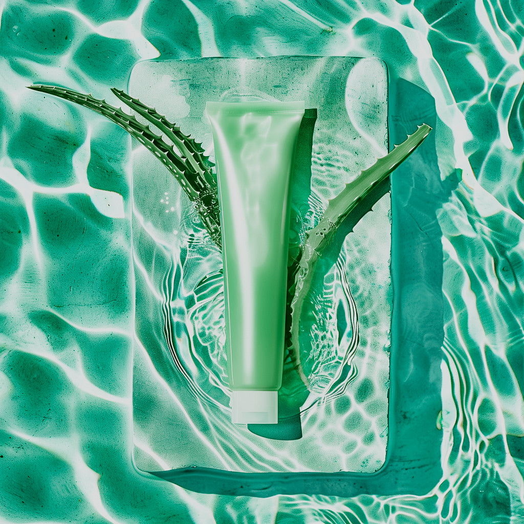 A tube of aloe gel that includes aloe vera leaves in background and a green color scheme, evoking the theme of sun care and relaxation.
