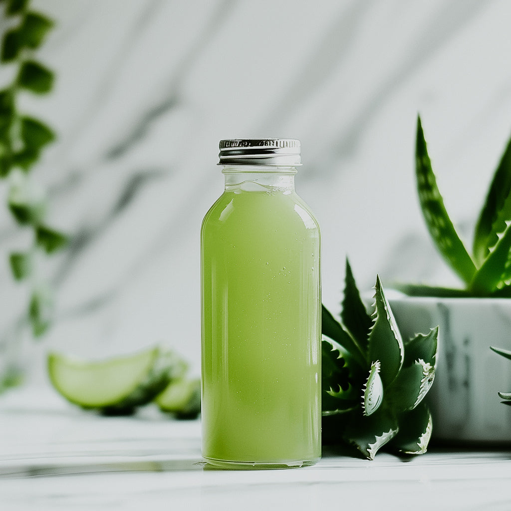 A bottle of aloe juice, greenish tint, displayed on a white surface, with aloe vera plants and sliced aloe in the background.