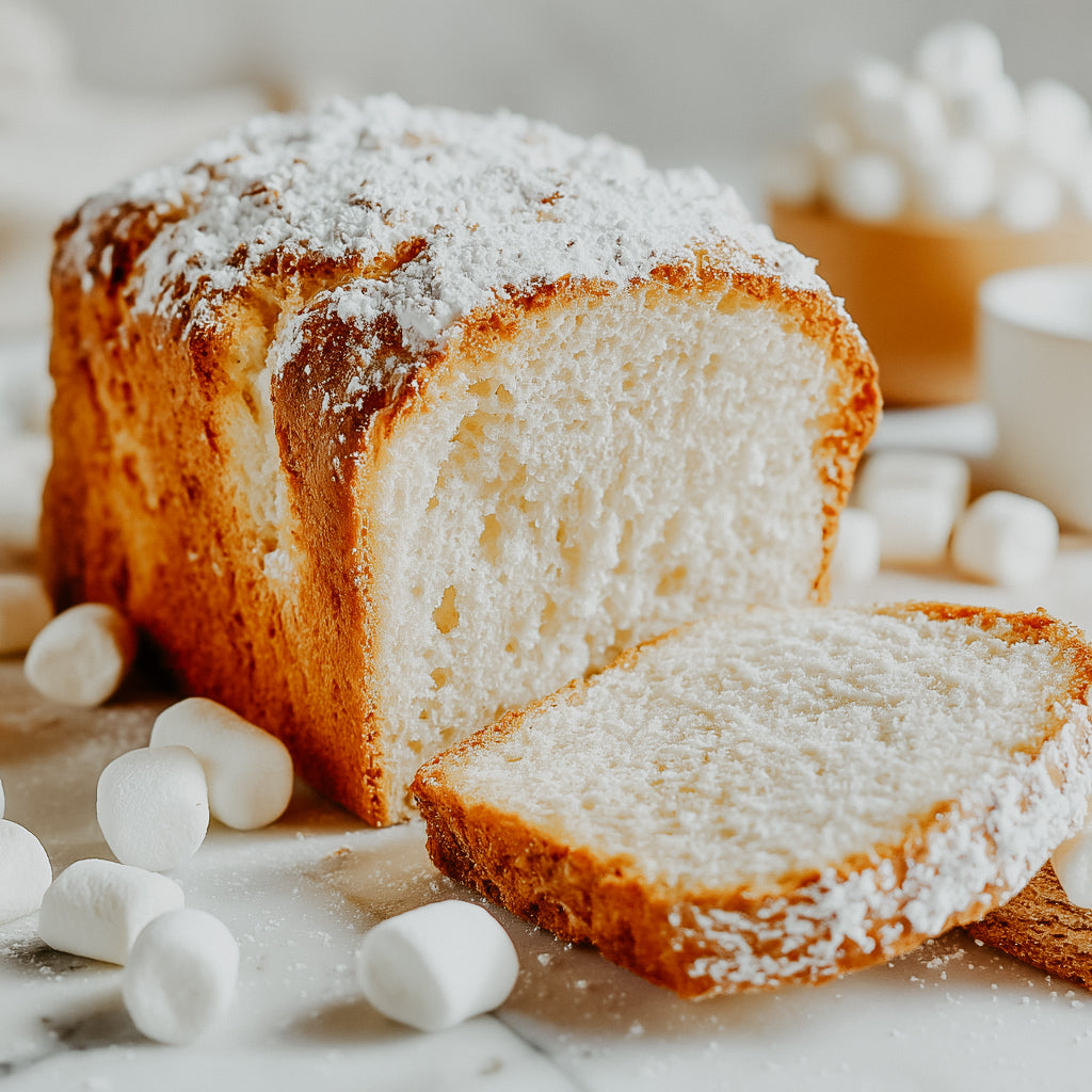 Loaf of cake with powdered sugar on top, surrounded by marshmallows.