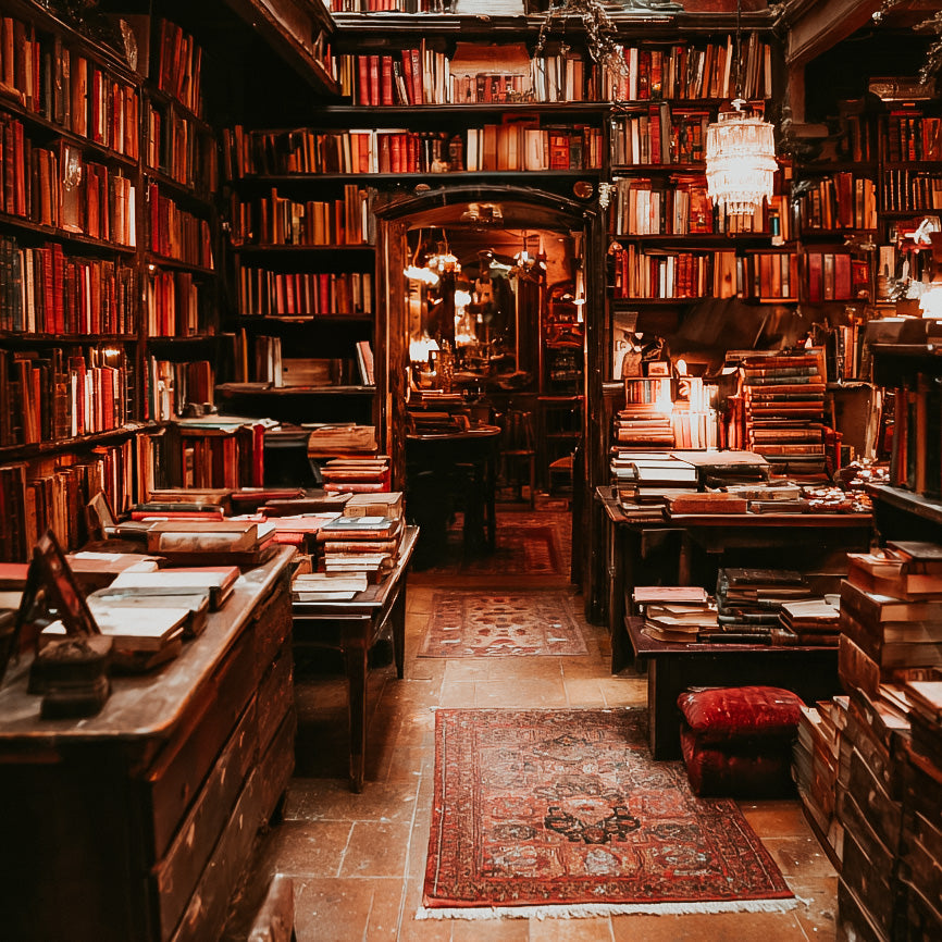 Antqiue Bookstore lined with bookshelves filled with books in a library setting. 
