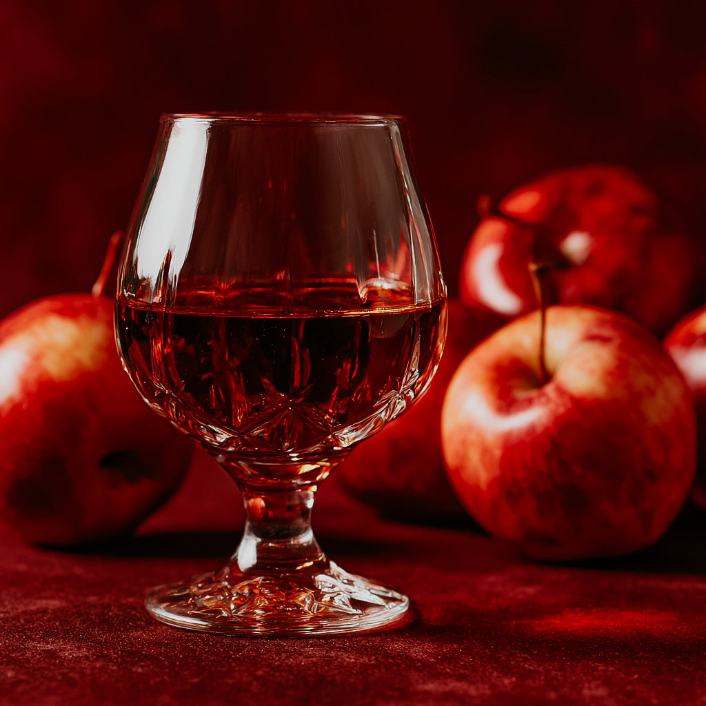 Glass of brandy with apples on a red background