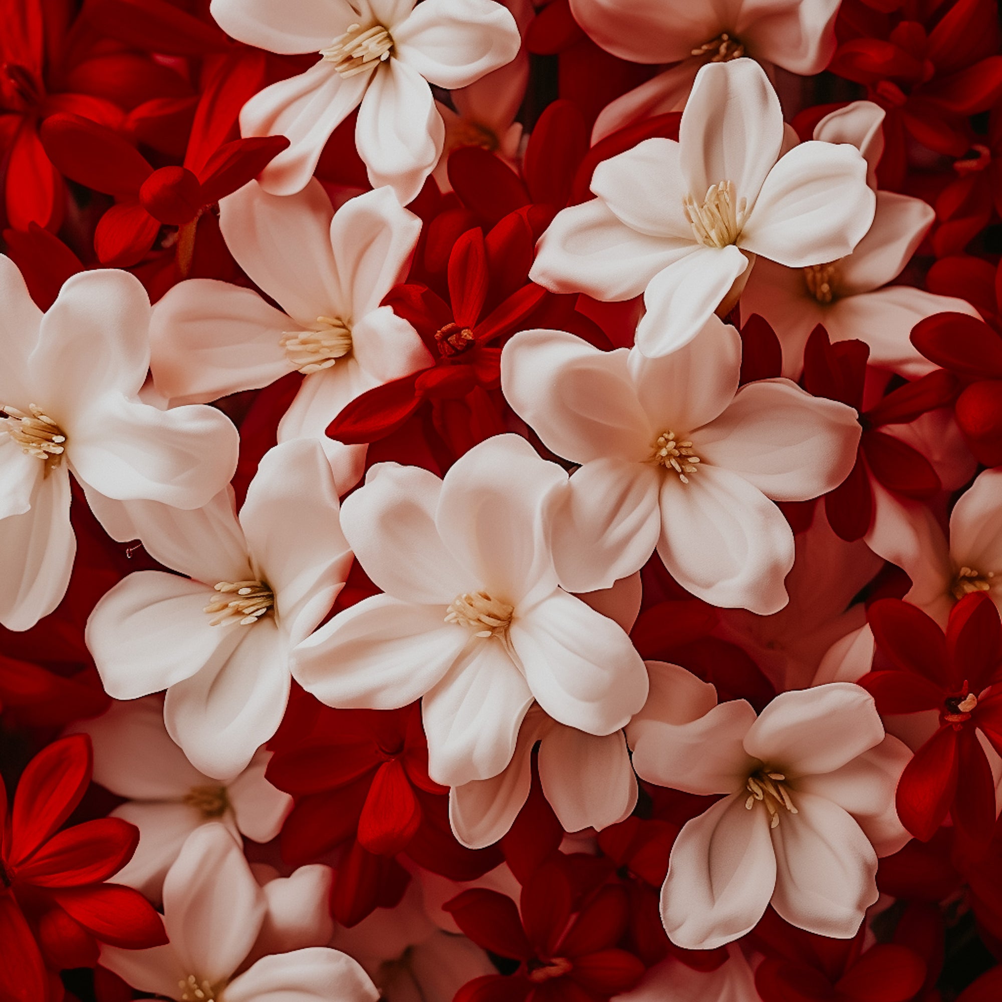 A close-up image of flowers, presumably jasmine, with a mix of red and white petals.