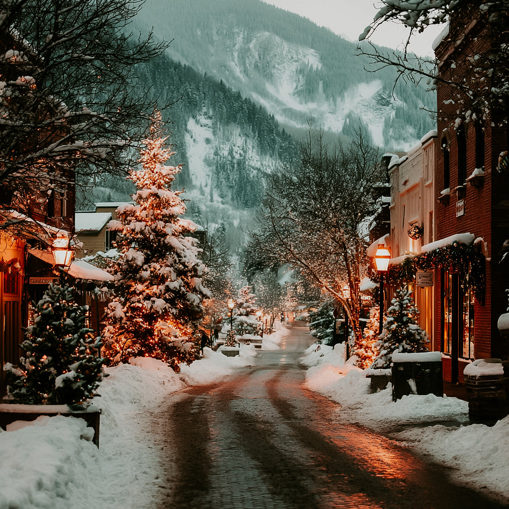 A snowy street with Christmas decorations, lights, and a mountain in the background.