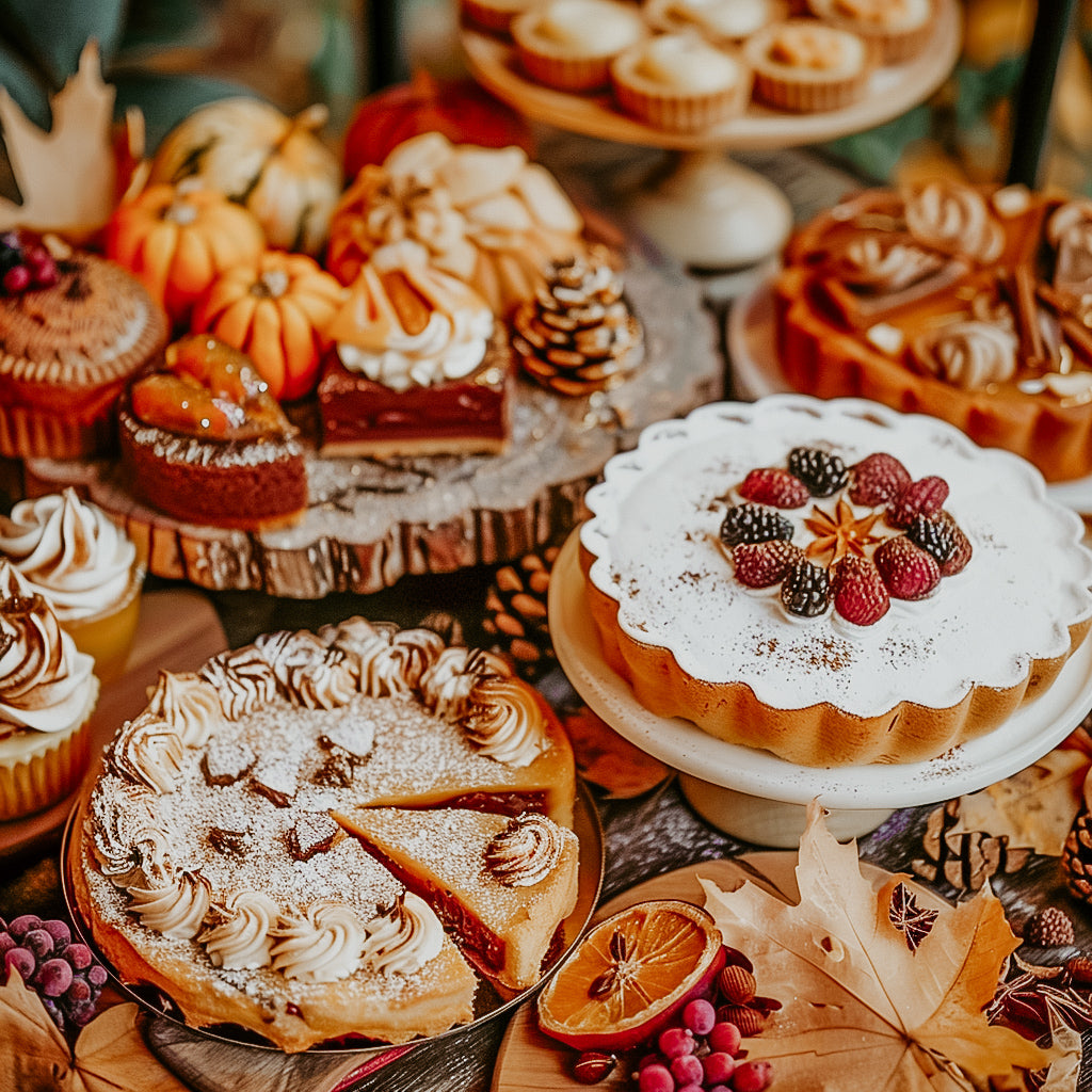 An assortment of baked desserts arranged on a table, including pies and cakes, with a focus on their visually appealing presentation.