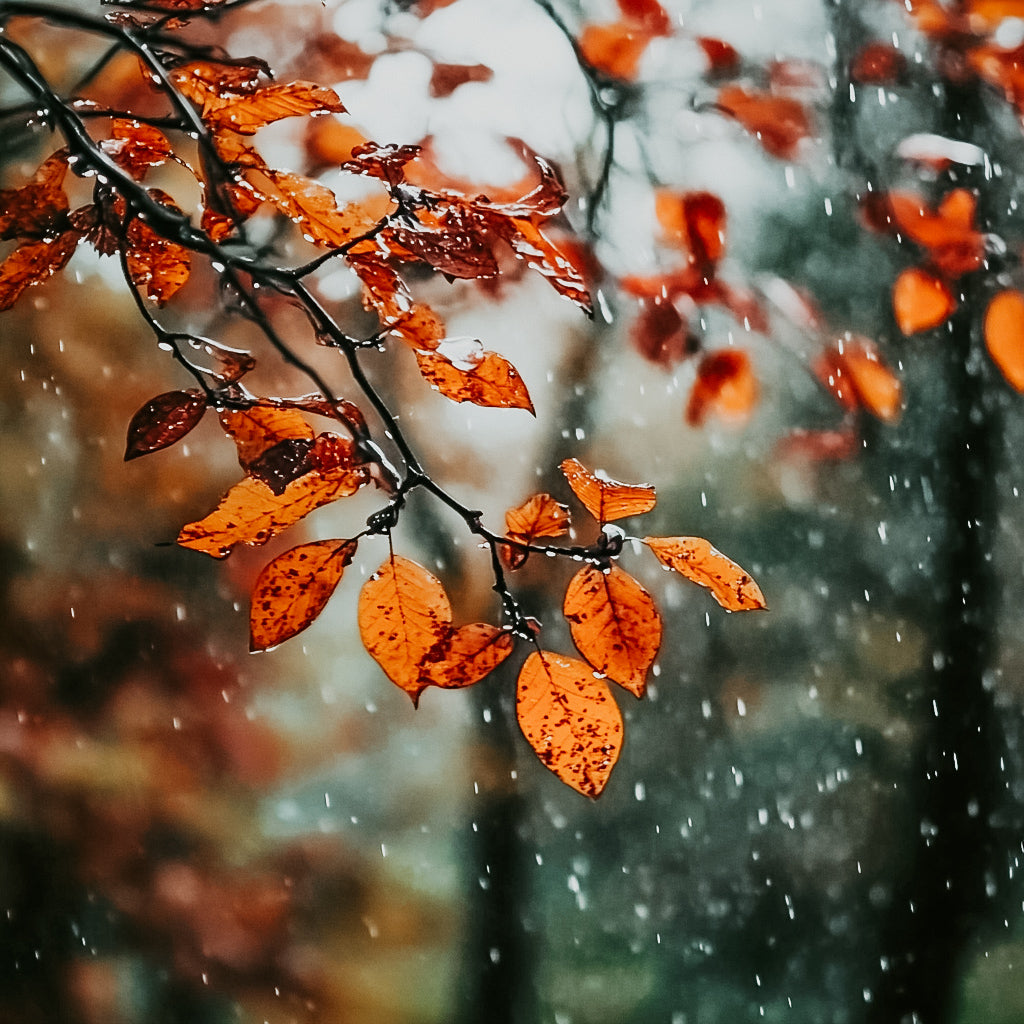 A close-up image of orange leaves on a tree branch with rain falling in the background, capturing the essence of autumn.