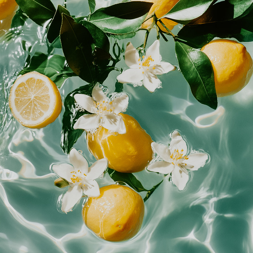 An image of sliced and whole lemons floating on water, with green leaves and white flowers.