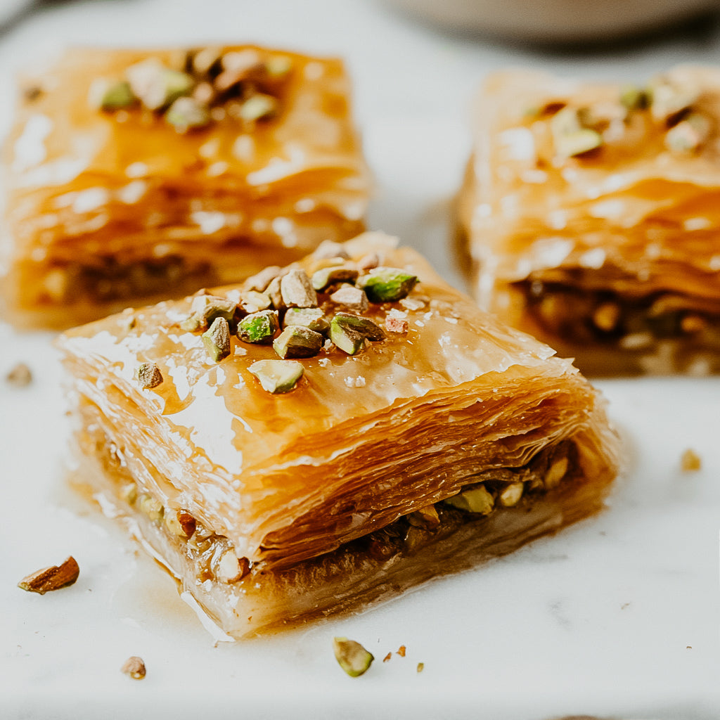 A photo of baklava squares topped with pistachios, showcasing the flaky layers and the sweet honey glaze.