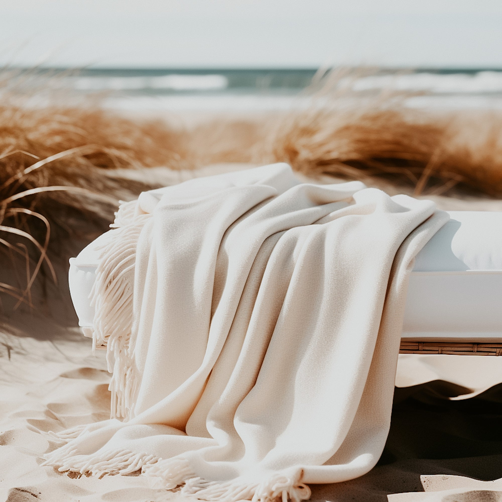 A beige cashmere scarf laid out on a sandy beach with dunes and the ocean in the background.