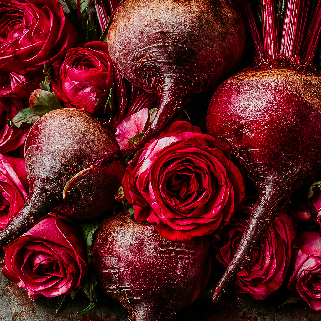 Beets and red roses arranged together on a dark background