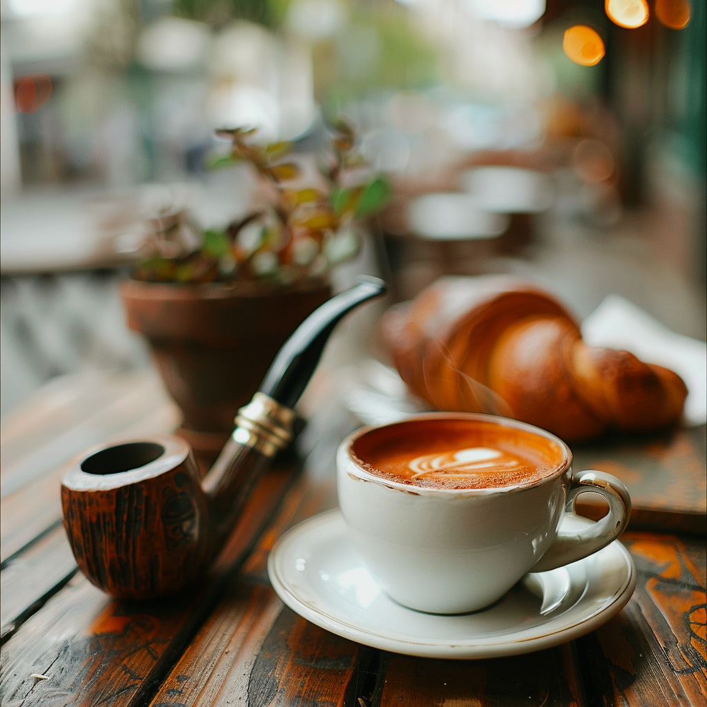 A cup of coffee with a pastry and a pipe on a table, evoking a cozy cafe atmosphere.
