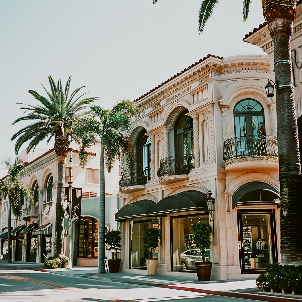 A street view of a luxurious area with palm trees and elegant buildings, reminiscent of Beverly Hills.