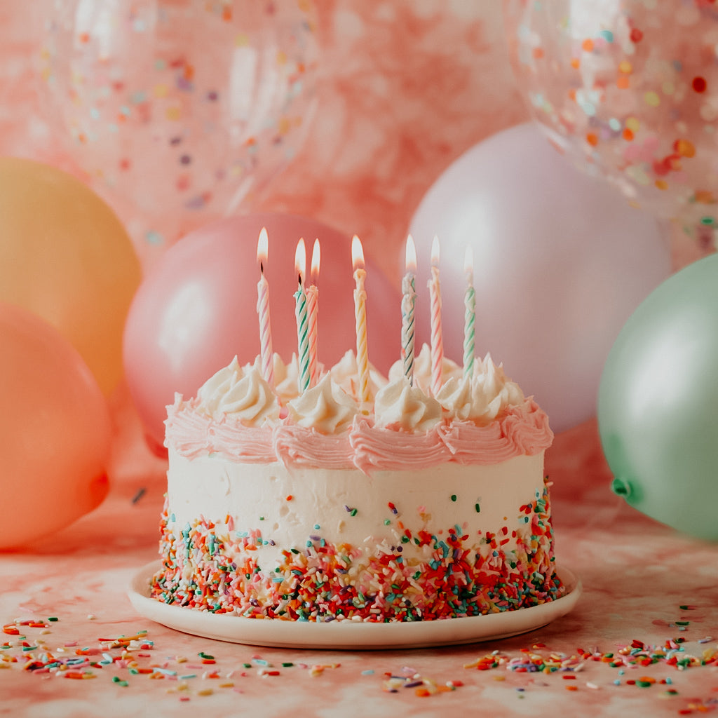 Birthday cake with candles and colorful sprinkles in front of balloons and confetti.