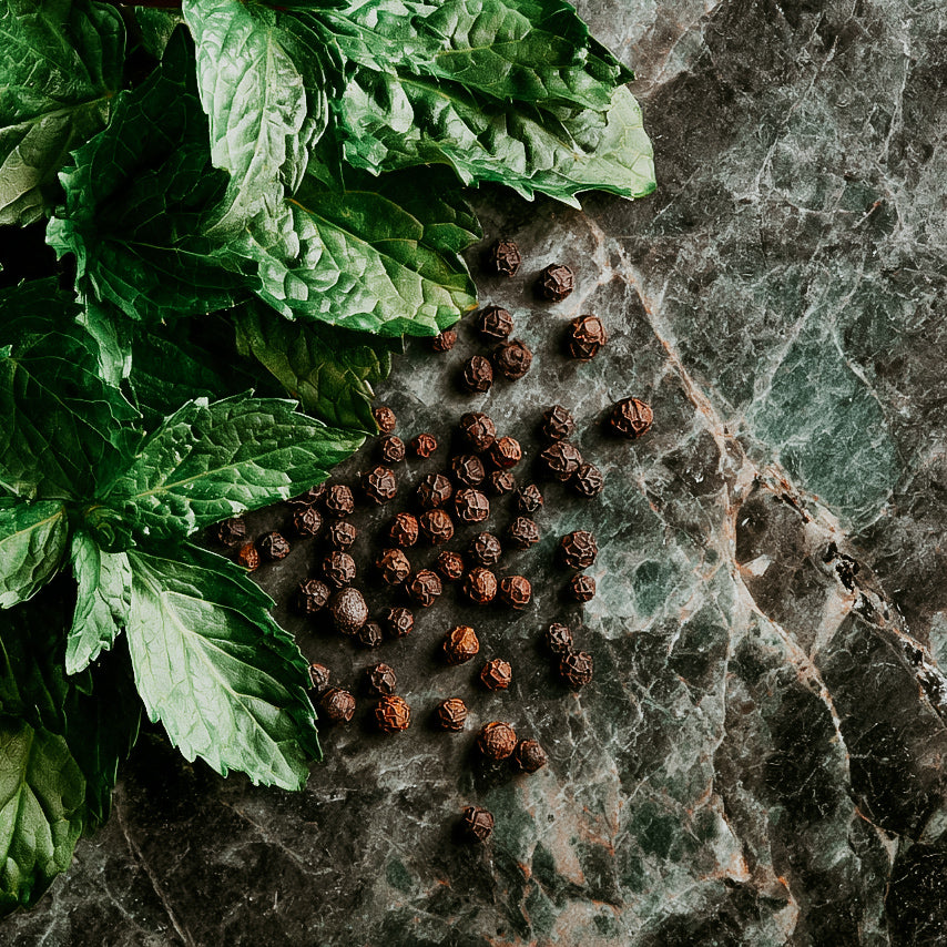 Black peppercorns and green leaves on a marble surface
