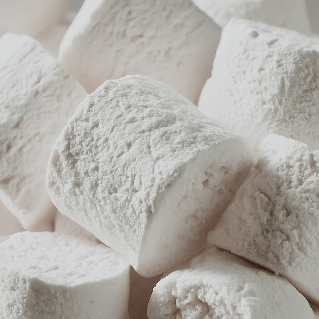 Close-up of white marshmallows with a soft focus background