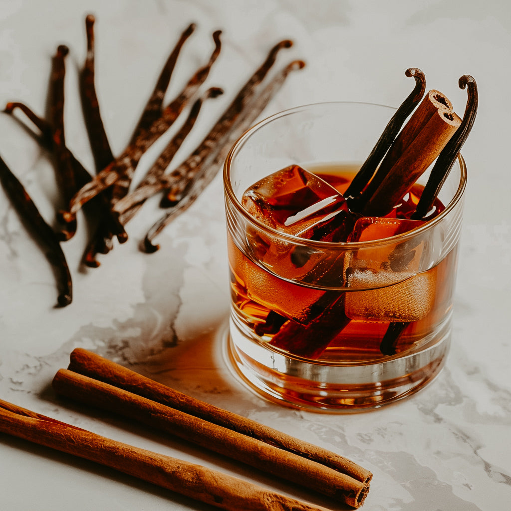 A glass containing a liquid and cinnamon sticks, with vanilla beans scattered around it, likely representing a bourbon vanilla and cinnamon fragrance oil.