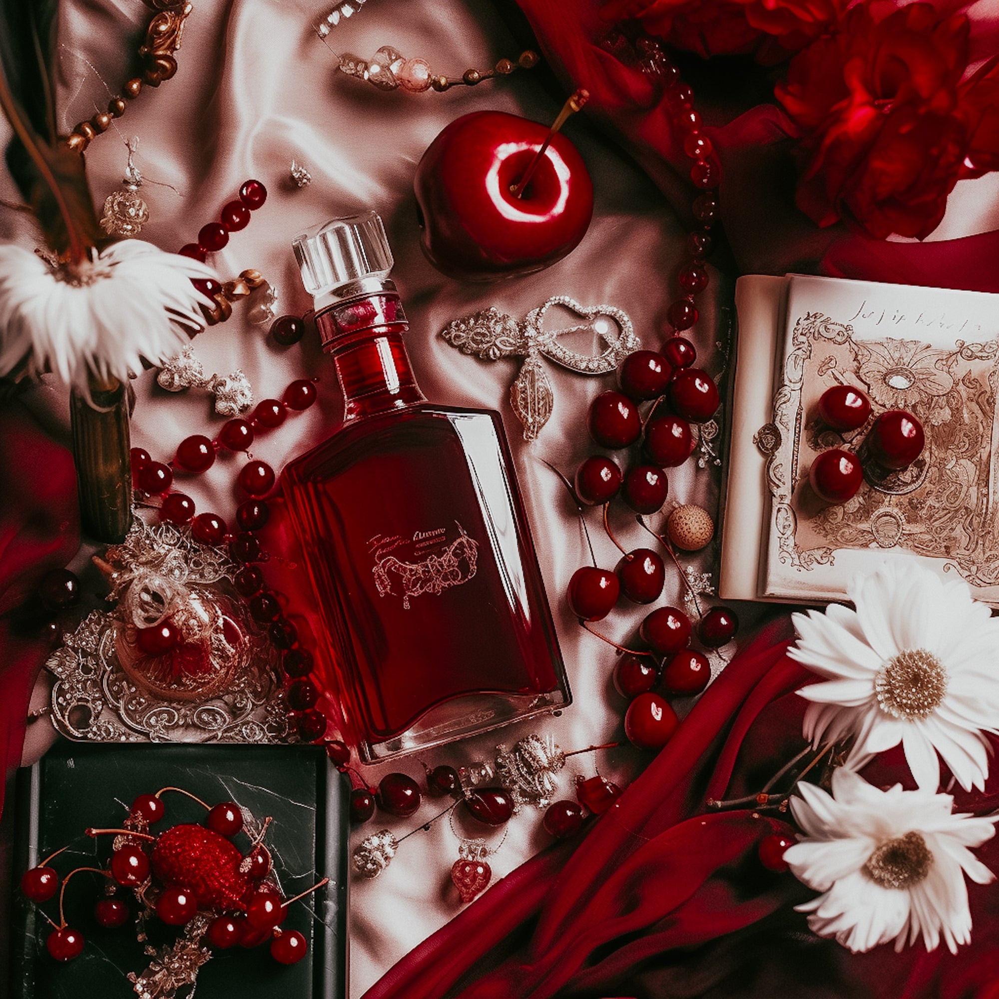 A fragrance oil bottle with a red label, surrounded by red fabric, cherries, and vintage-style accessories.