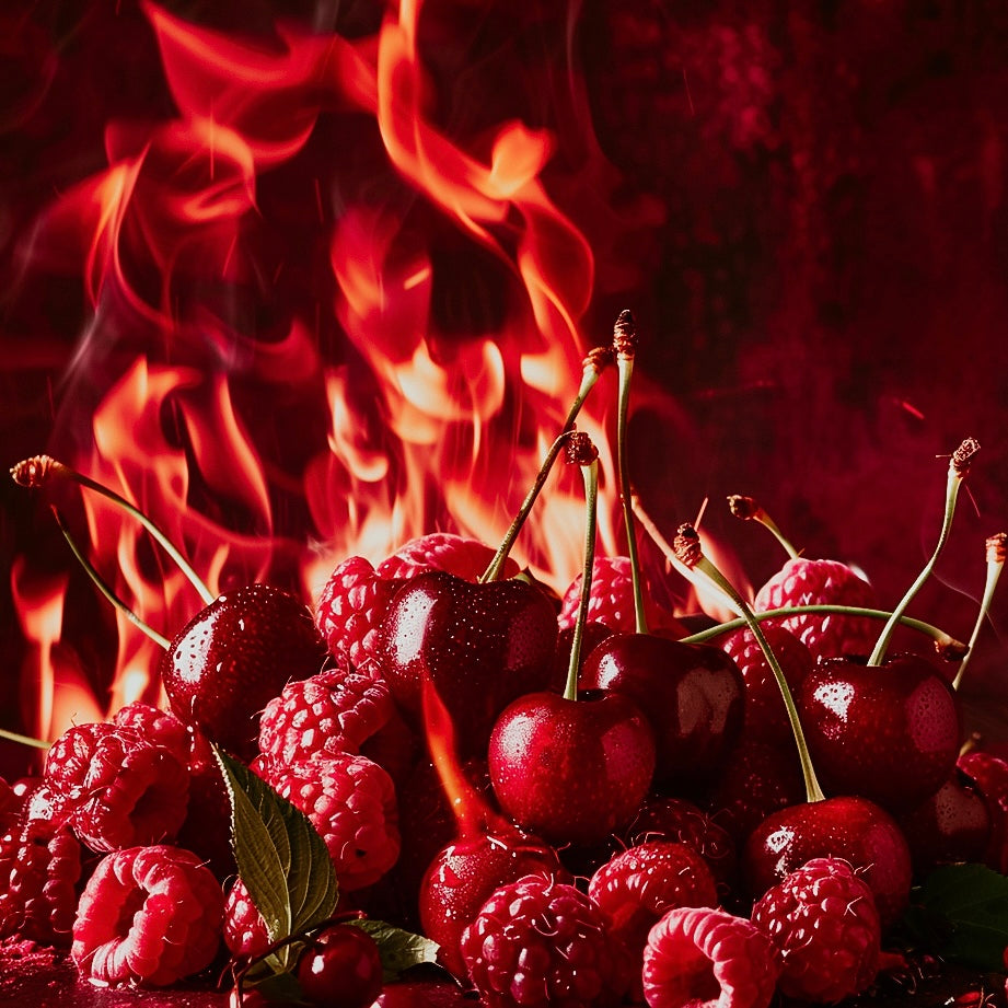 A vivid image of cherries and raspberries with a backdrop of flames, representing the 'Burning Berries' fragrance oil.