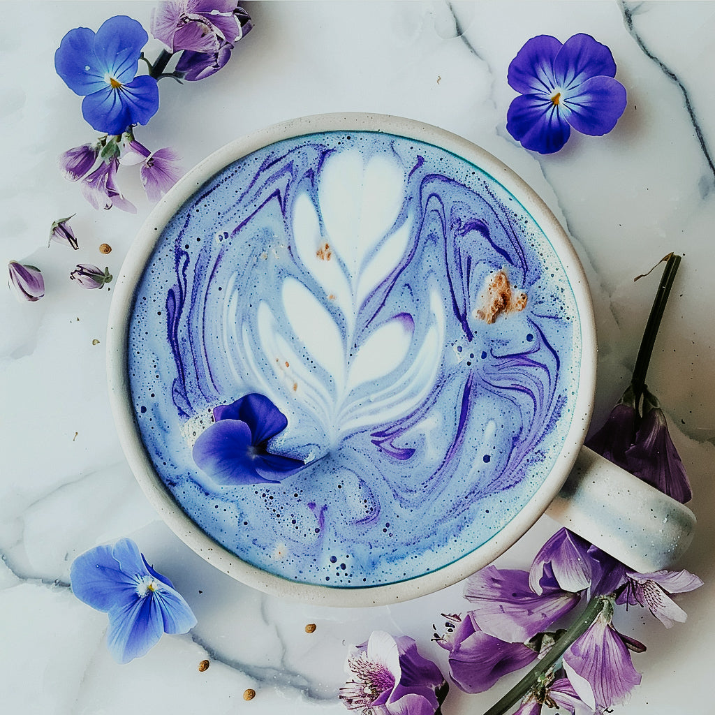 A cup of butterfly pea latte with floral patterns on the surface, surrounded by blue and purple flowers on a marble background.