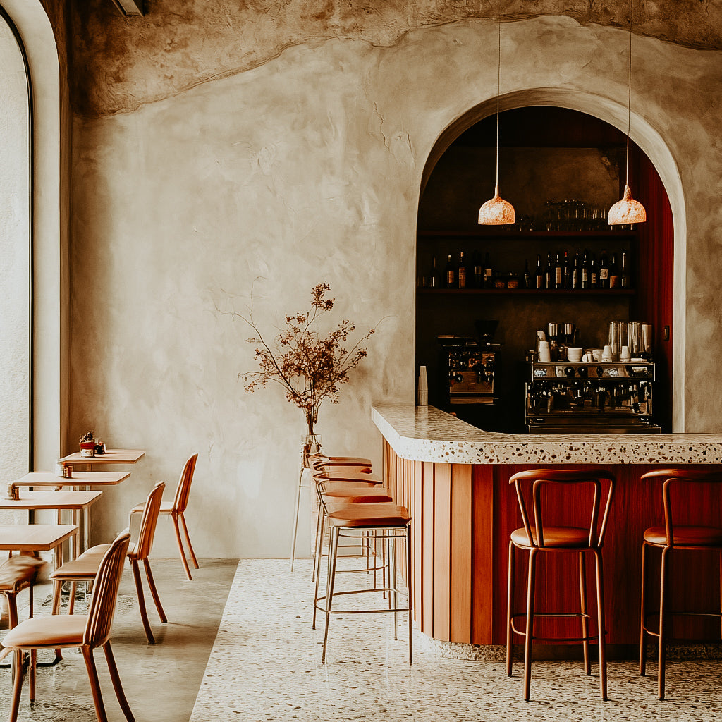 Interior of a cozy cafe with a bar counter, stools, and a few tables, with a soft focus on a fragrance oil bottle in the background.