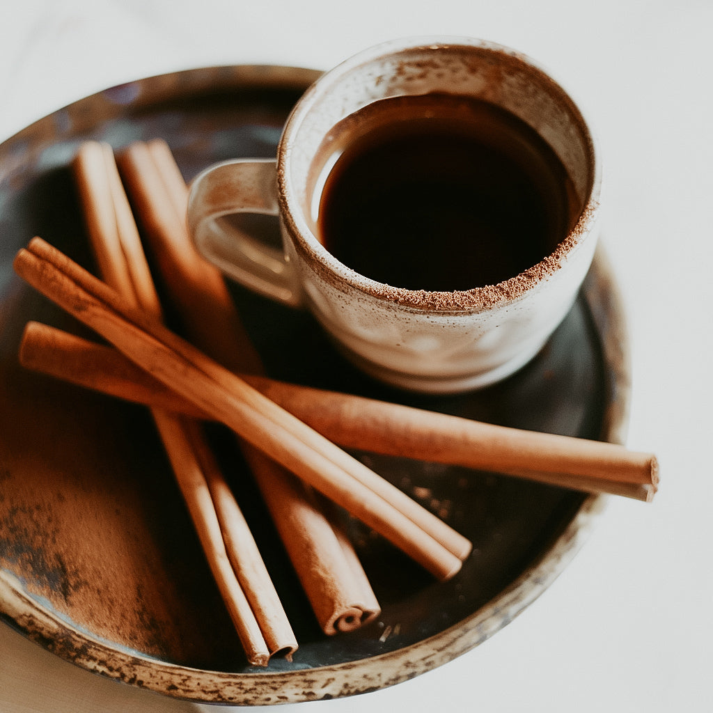 A cup of coffee with cinnamon sticks on the side, presented on a ceramic plate with a rustic appearance.