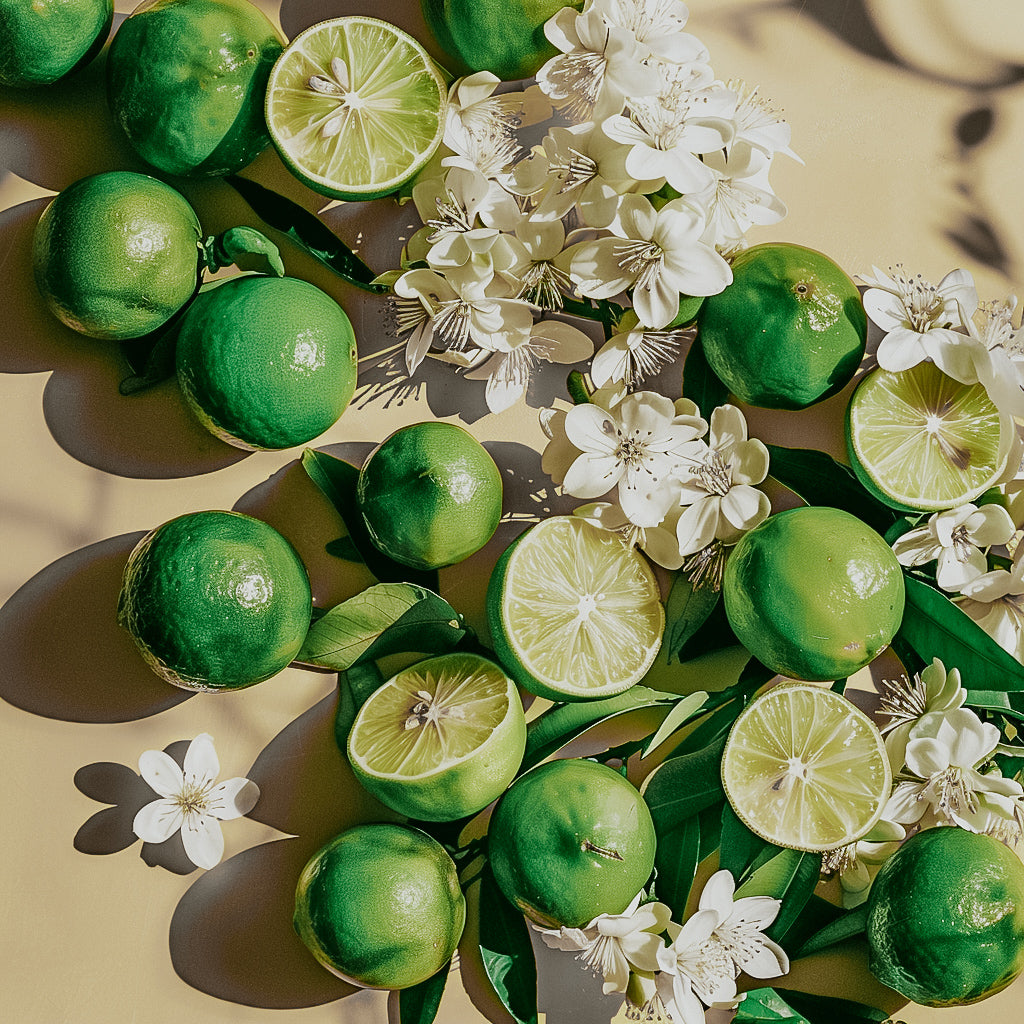 A collection of fresh calamansi fruits and flowers arranged on a surface, with whole fruits and sliced fruits visible.