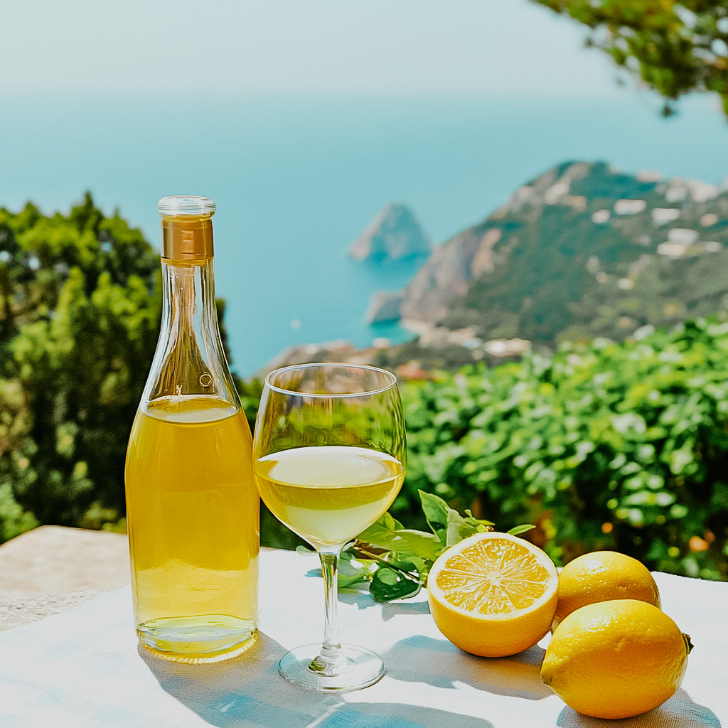 A bottle and a glass of limoncello placed on a table with a view of the ocean and lemon fruits in the foreground.