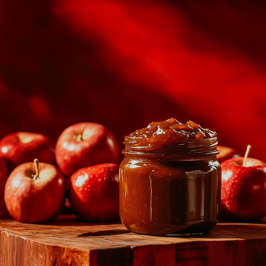 A jar of caramelized apple butter on a wooden surface with several apples in the background against a red backdrop.