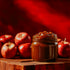 A jar of caramelized apple butter on a wooden surface with several apples in the background against a red backdrop.