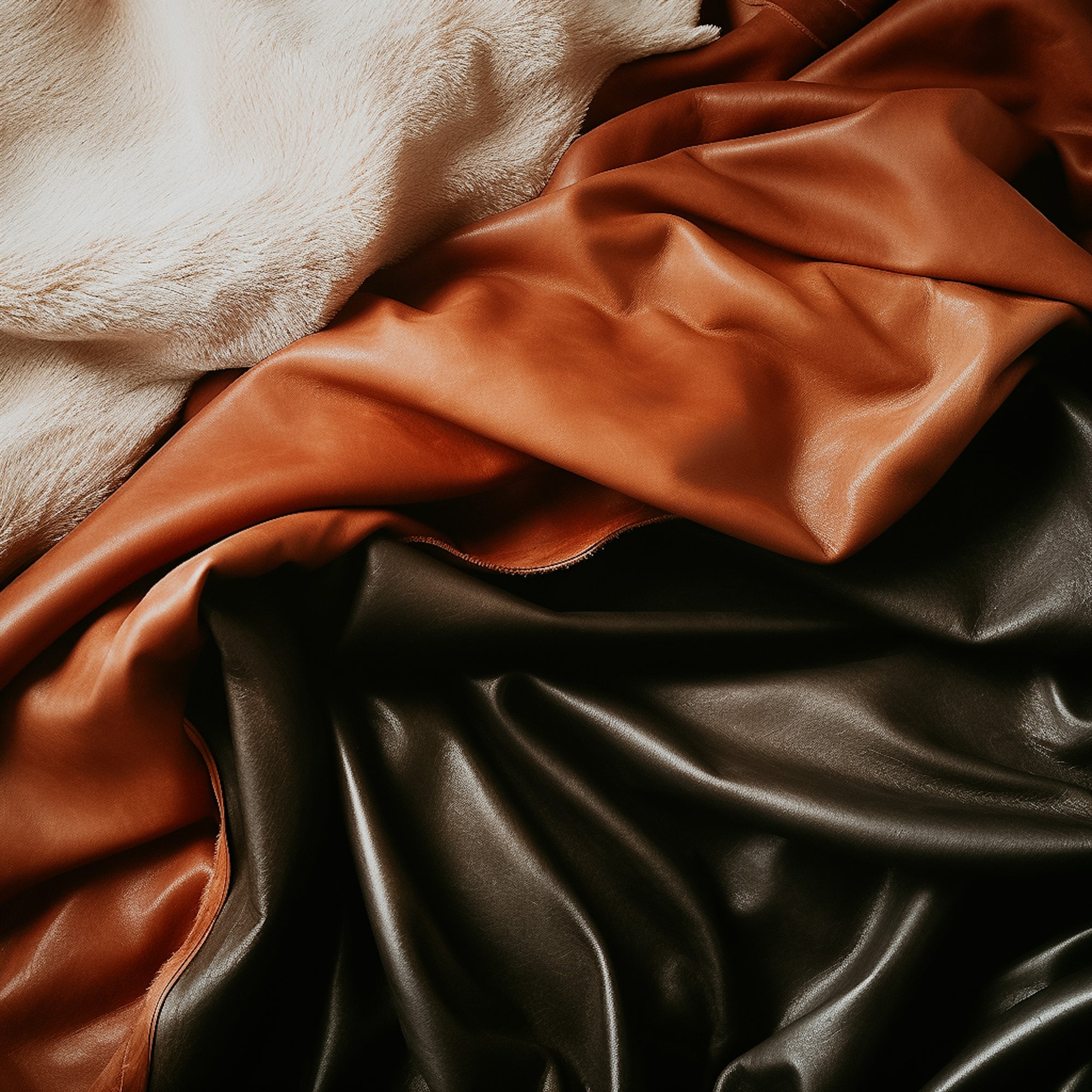 A close-up of draped cashmere fabric in black and amber colors, with a soft, luxurious texture.