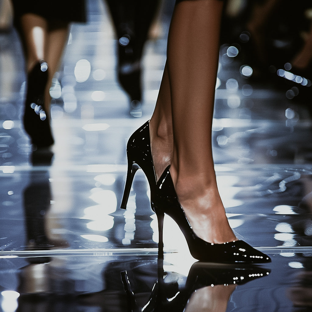A close-up of a high-heeled shoe on a catwalk, with the heel and part of the sole visible, reflecting a glossy surface.