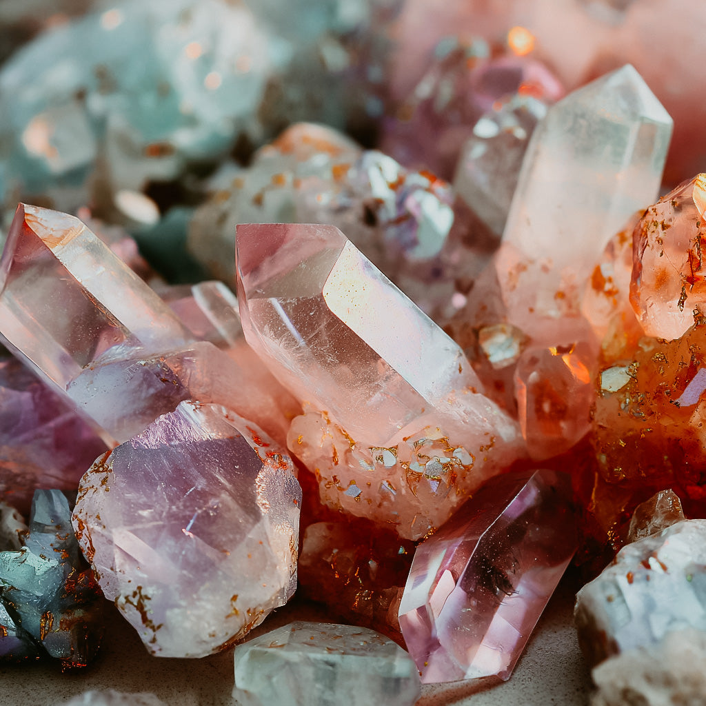 Close-up of colorful crystal rocks on a textured surface