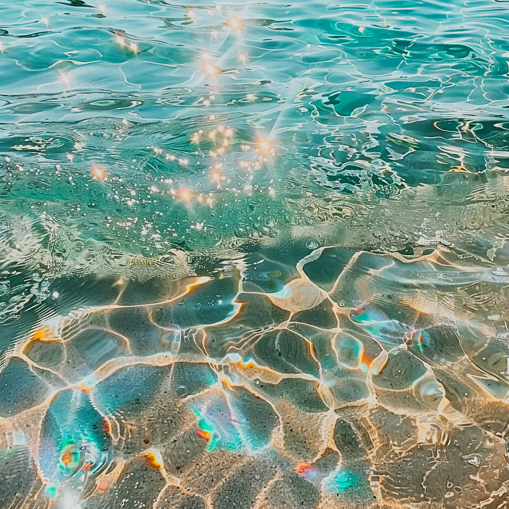 A close-up image of water with sunlight reflecting off the surface creating a pattern of light and shadow on the water's surface.