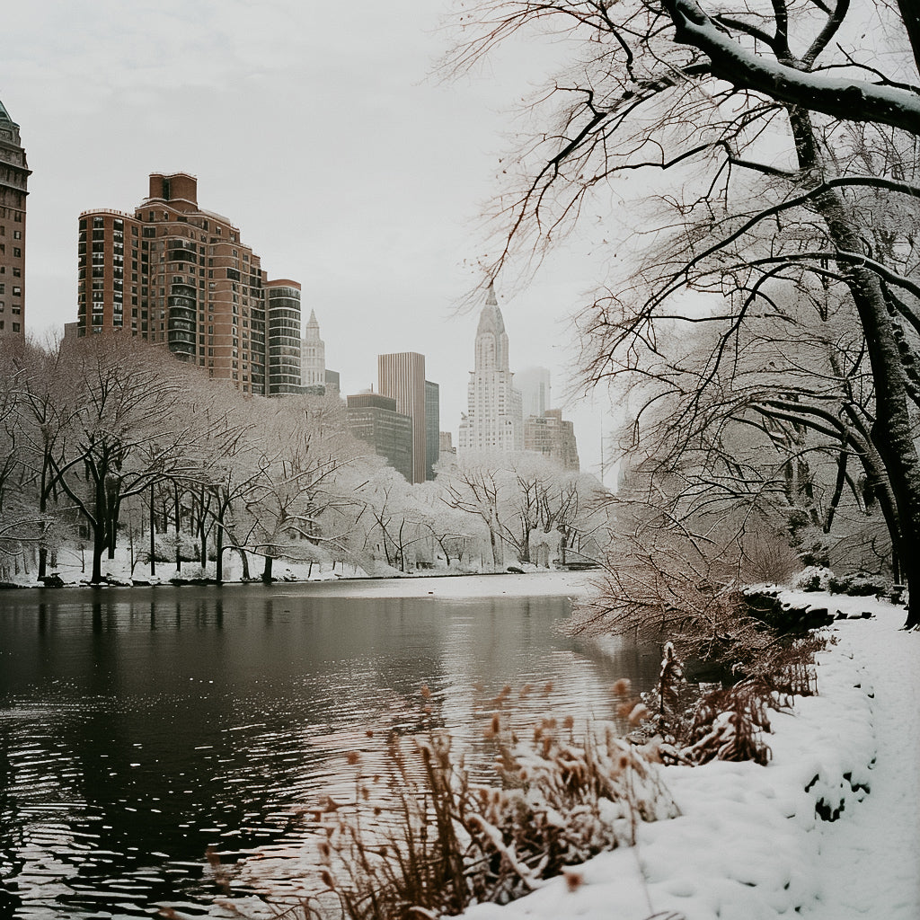 A snowy Central Park with the Manhattan skyline in the background, showing trees covered in snow and a body of water in the foreground.