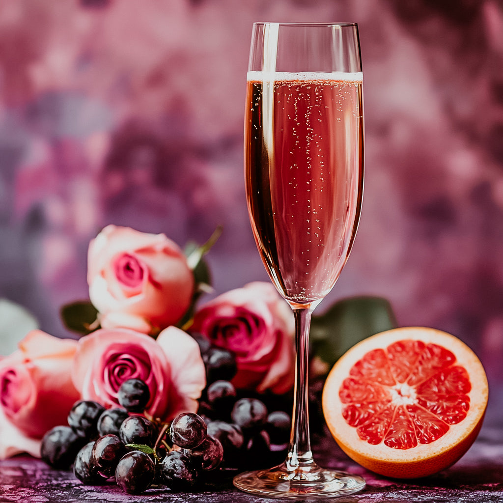A glass of champagne with a pink hue, surrounded by roses, grapes, and a halved pomelo, against a purple background