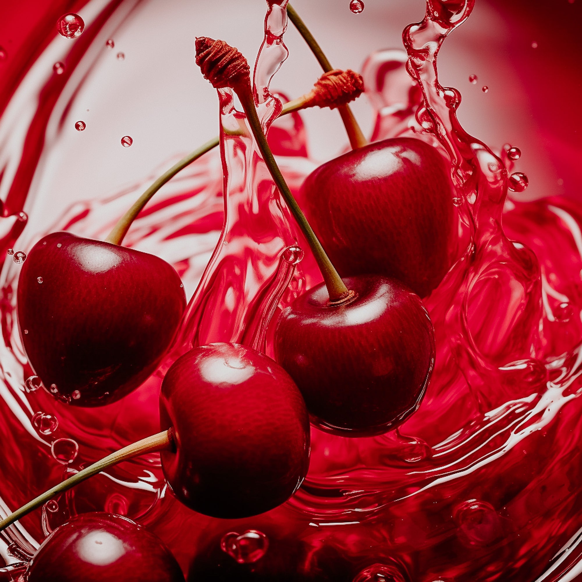 A close-up image of ripe cherries with a splash of liquid, creating a vibrant red color and water droplets.