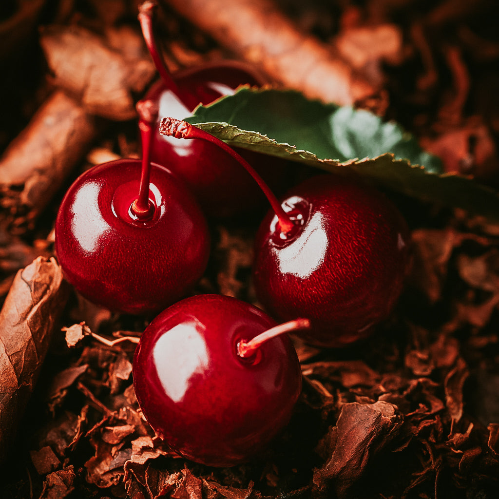 A close-up image of ripe cherries with a leaf, dried tobacco in background.