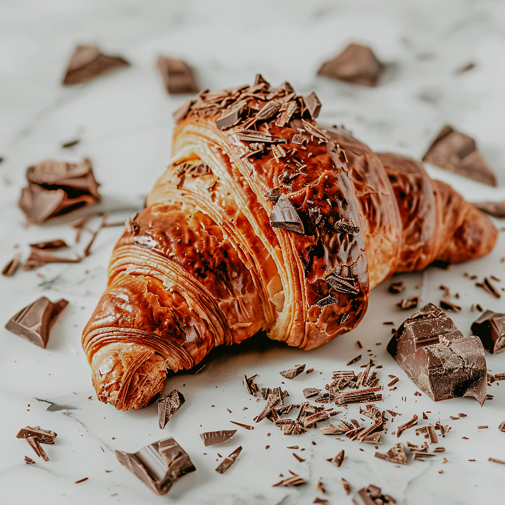 A chocolate croissant topped with chocolate shavings, placed on a surface with scattered chocolate pieces.